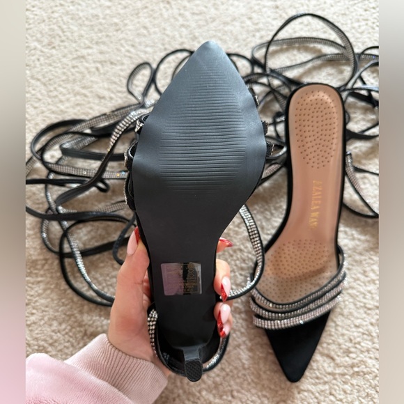 Black Crystal Lace-Up Pointed Toe Heels - Picture 3 of 7